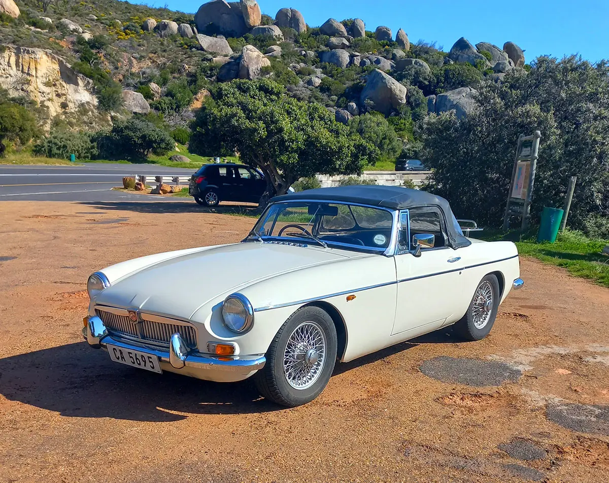White 1957 MGB Roadster. One of the vehicles in the fleet of Classic Car Rentals